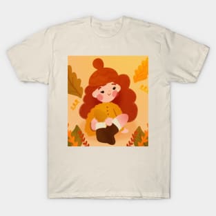 Cozy Fall Vibes - Kawaii Red-Haired Girl with Cute Leaves Art T-Shirt